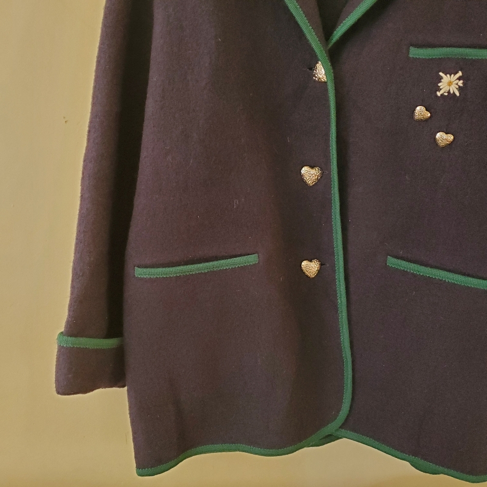 Vintage Boiled Wool Burgefried Navy Blue Green Floral Jacket Coat Size Large - Picture 9 of 10
